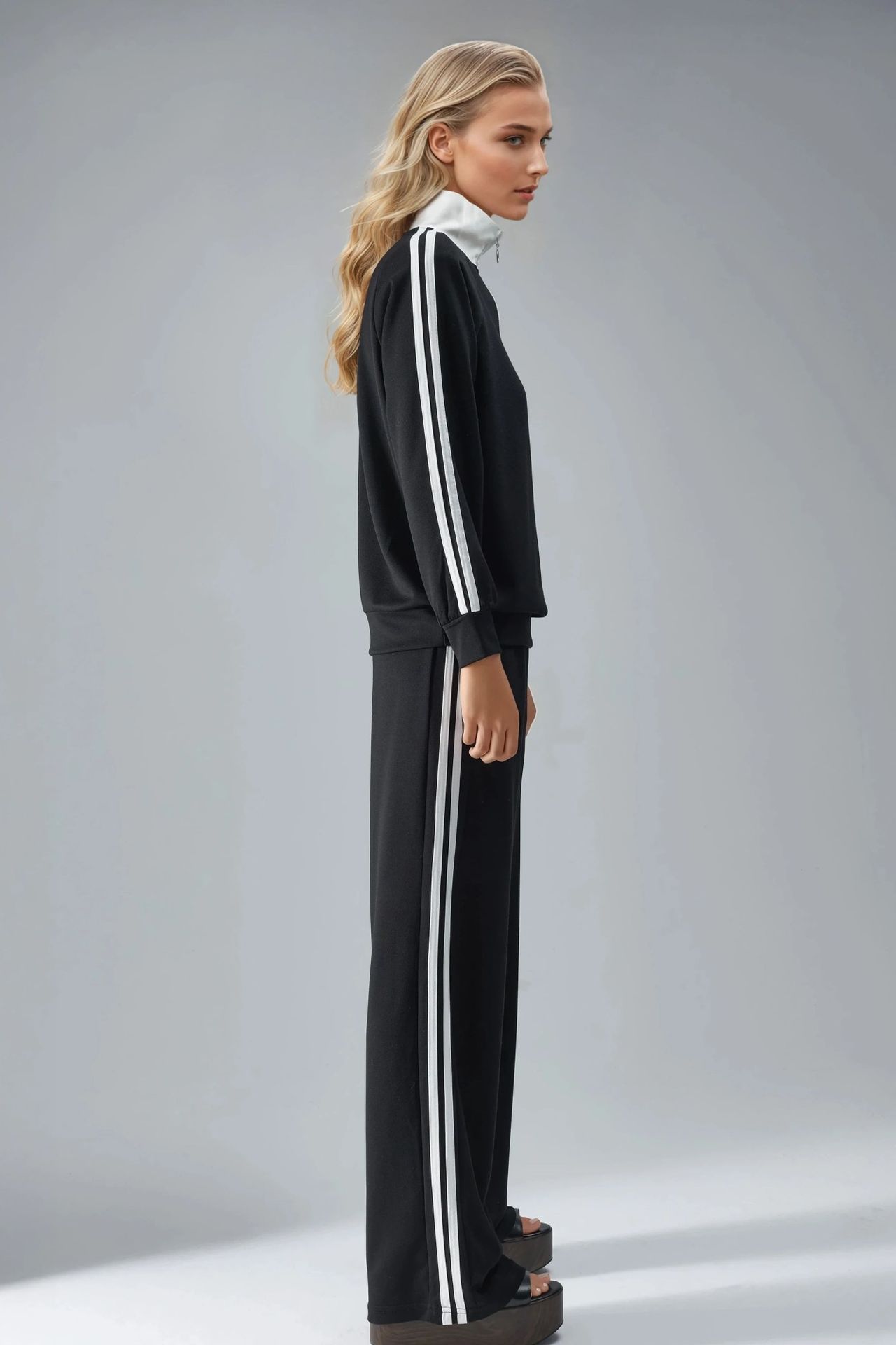 Modal Touch Wide Leg Striped Two-Piece Coord Set with Zipper Collar Bersan Collection