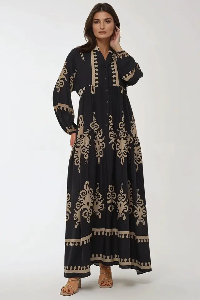 Printed Long Sleeve Viscose Maxi Dress 