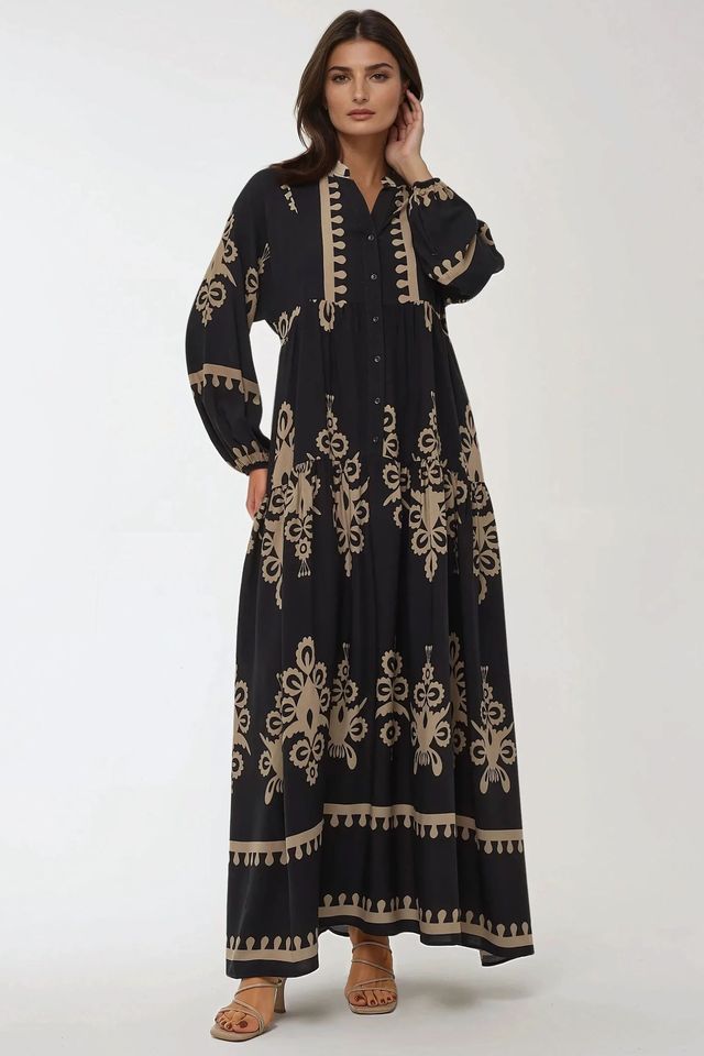 Printed Long Sleeve Viscose Maxi Dress 