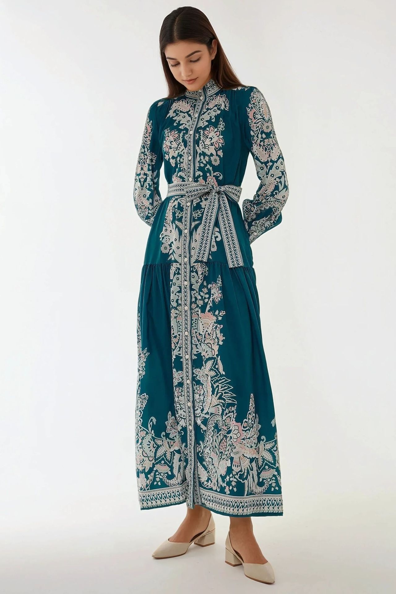 Printed Long Sleeve Maxi Dress with Belt