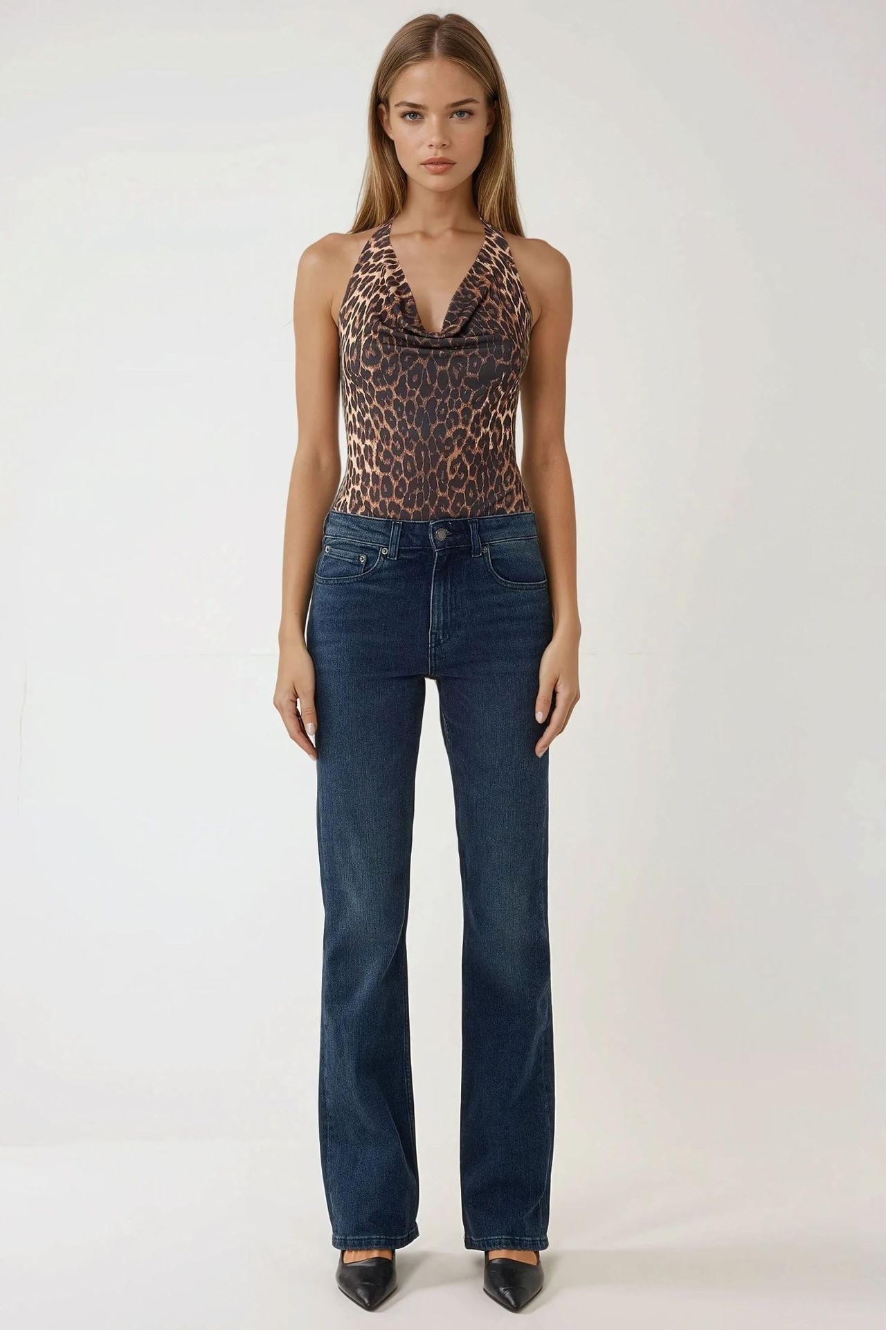Leopard Print Slim Fit Shawl Collar Bodysuit