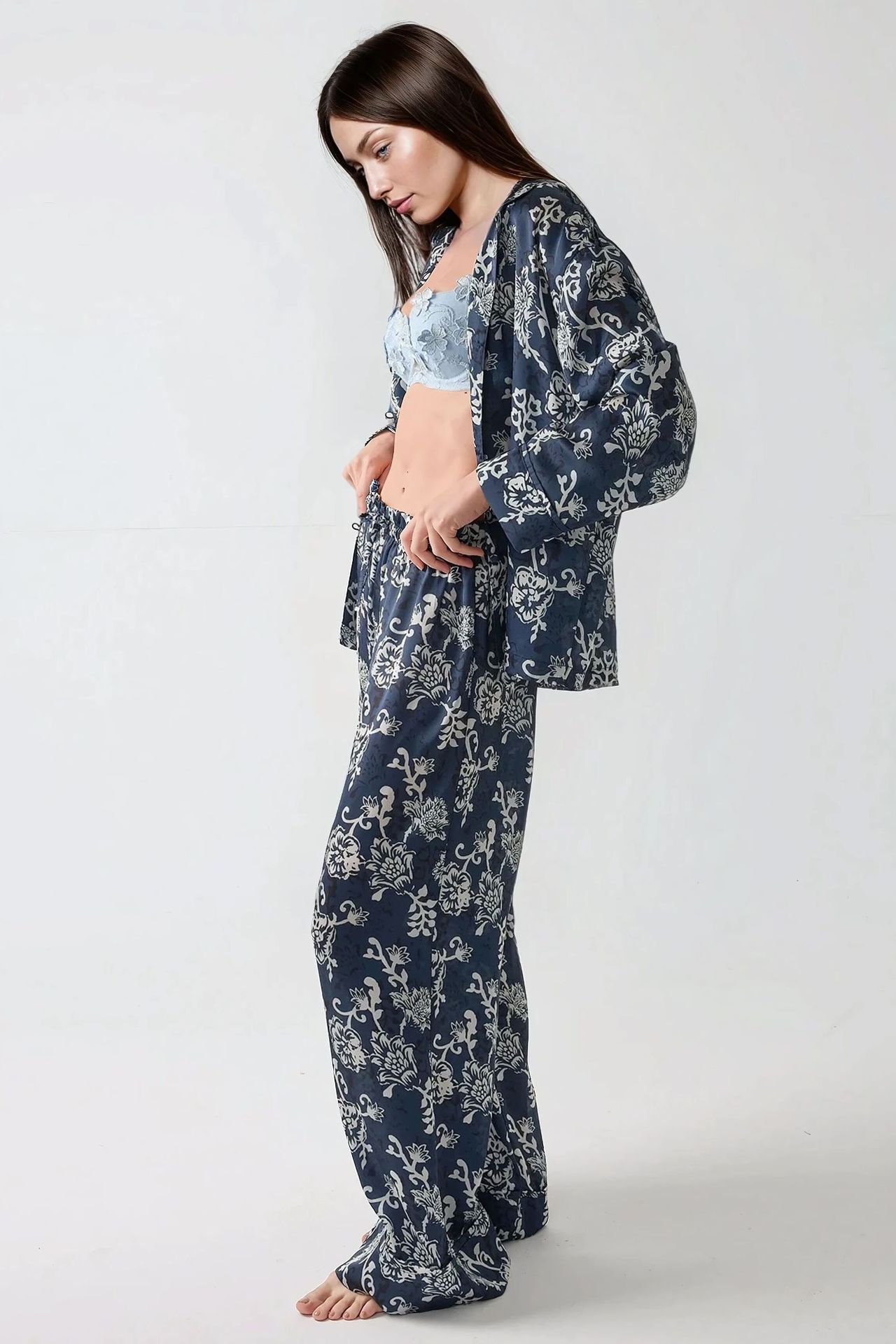 Printed Satin Pajama Set with Shirt Collar