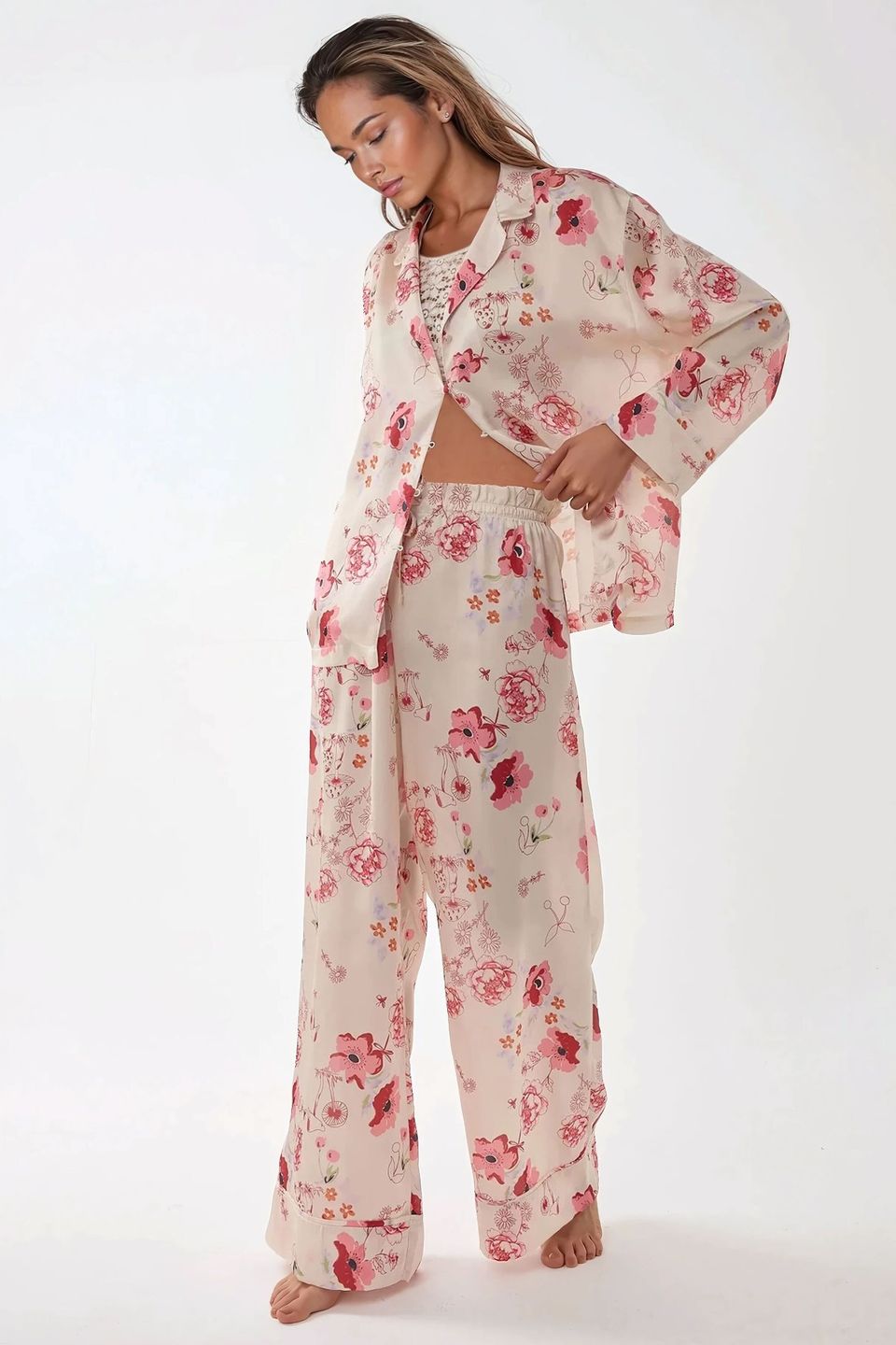 Printed Satin Pajama Set with Shirt Collar