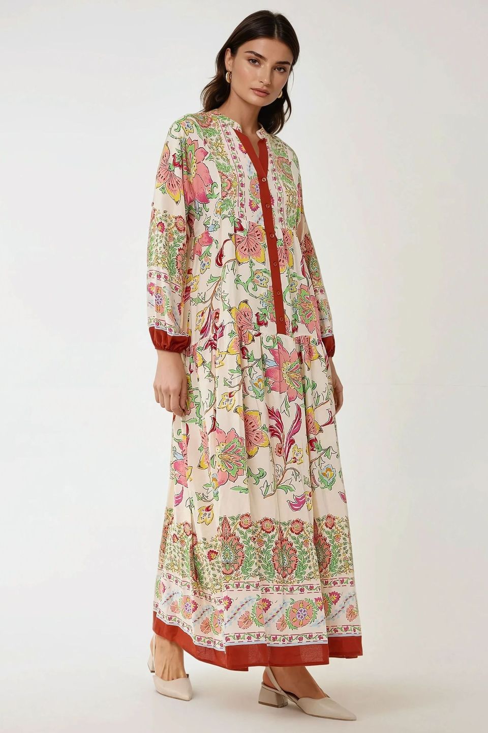 Printed Long Sleeve Viscose Maxi Dress 