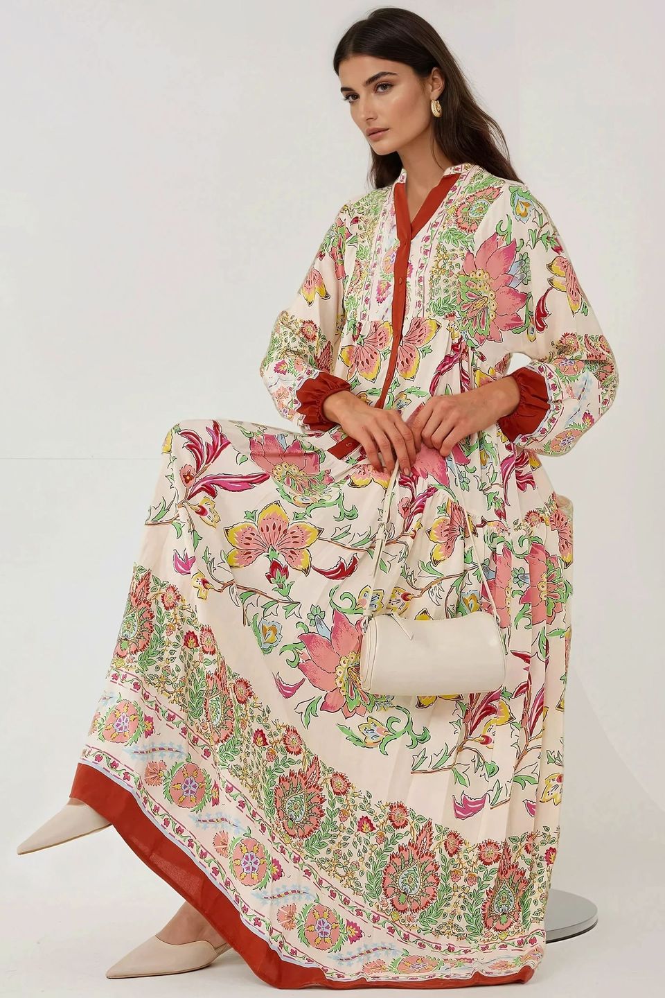 Printed Long Sleeve Viscose Maxi Dress 