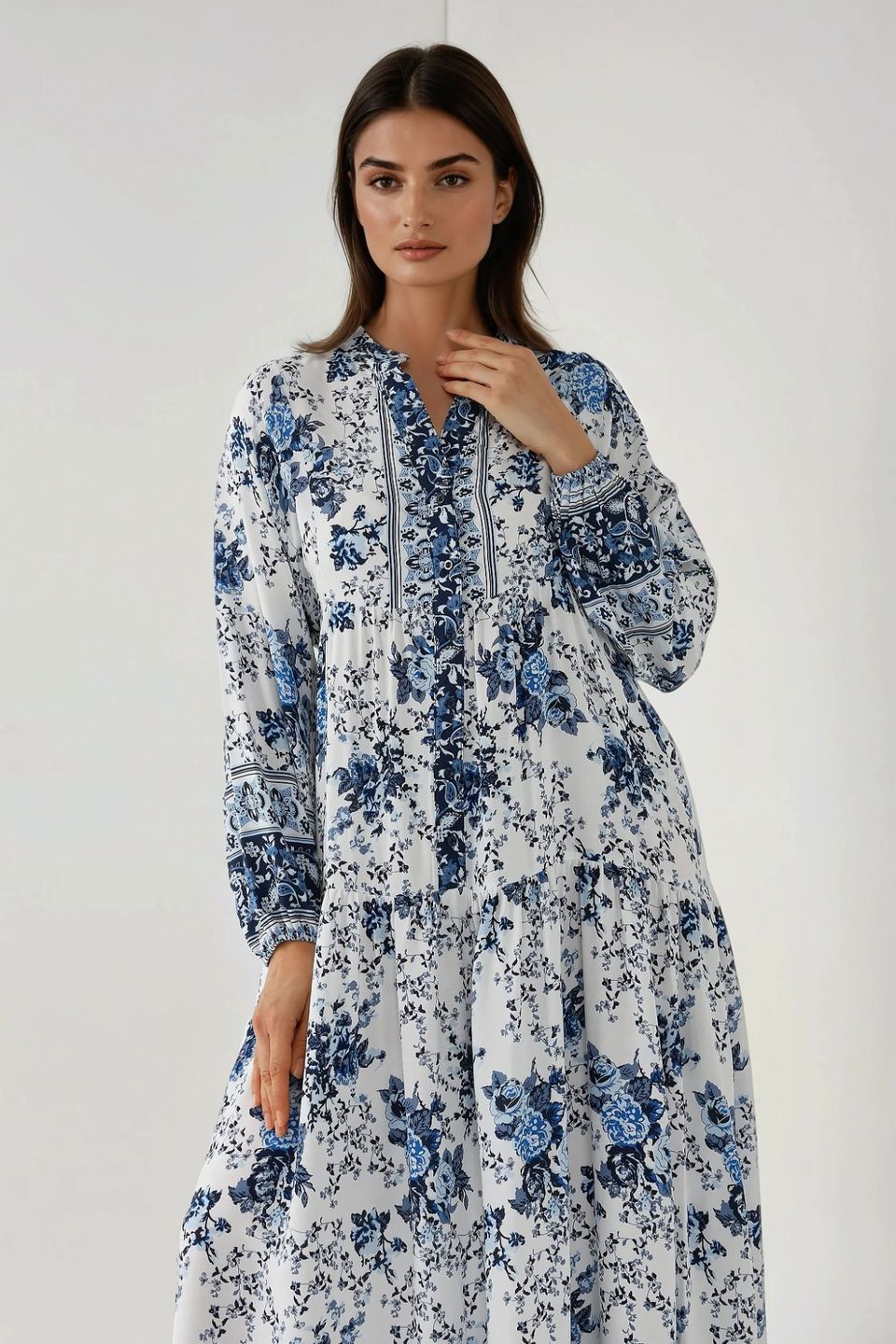 Printed Long Sleeve Viscose Maxi Dress 
