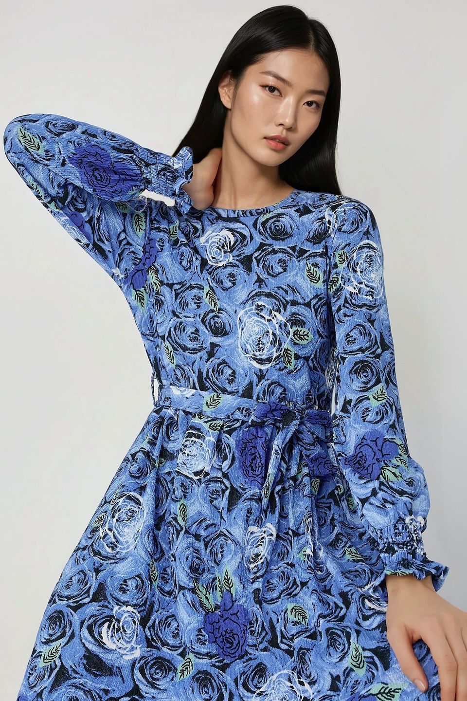 Floral Print Long Sleeve Maxi Dress with Belt