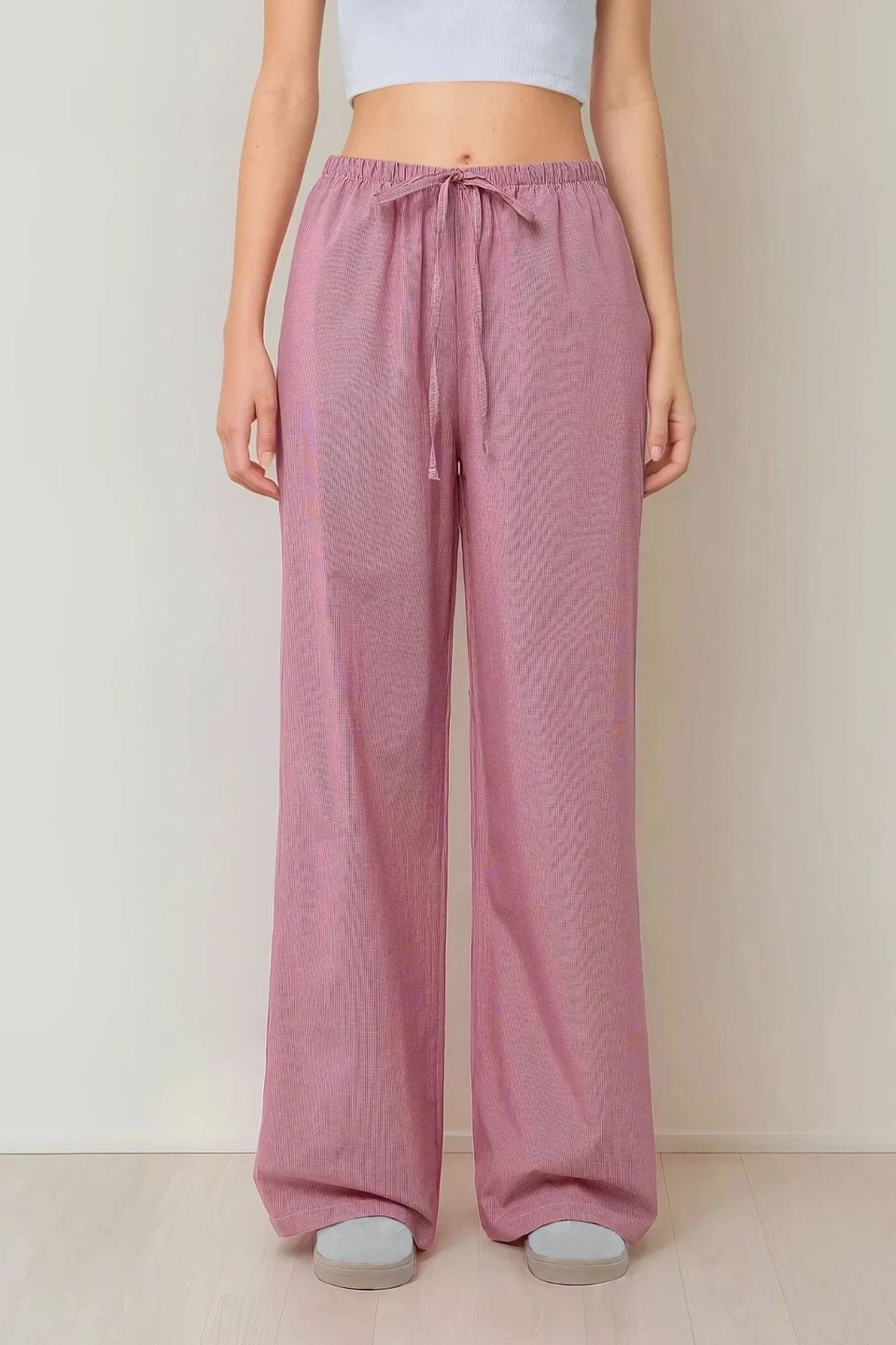 Wide Leg Plaid Cotton Pants