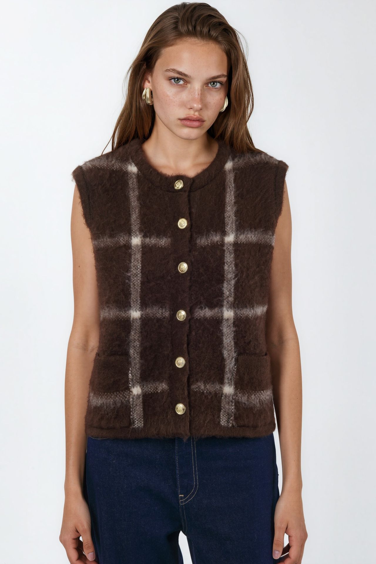 Plaid Crew Neck Sweater Vest with Buttons 2