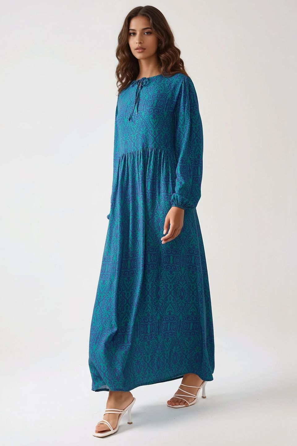 Printed A-Form Maxi Dress with Crew Neck