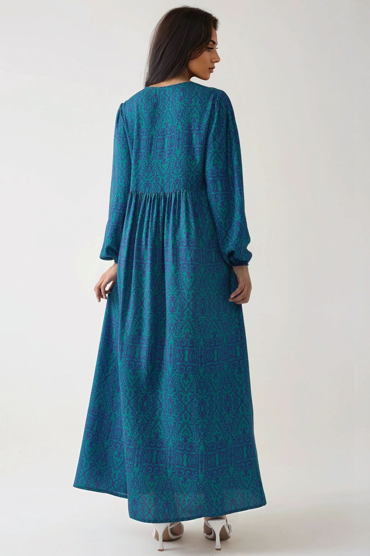 Printed A-Form Maxi Dress with Crew Neck