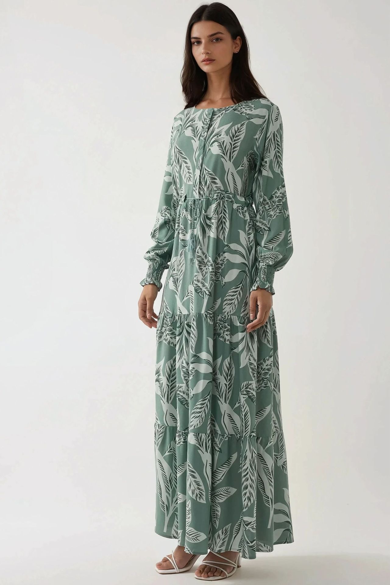 Printed Long Sleeve Viscose Maxi Dress 