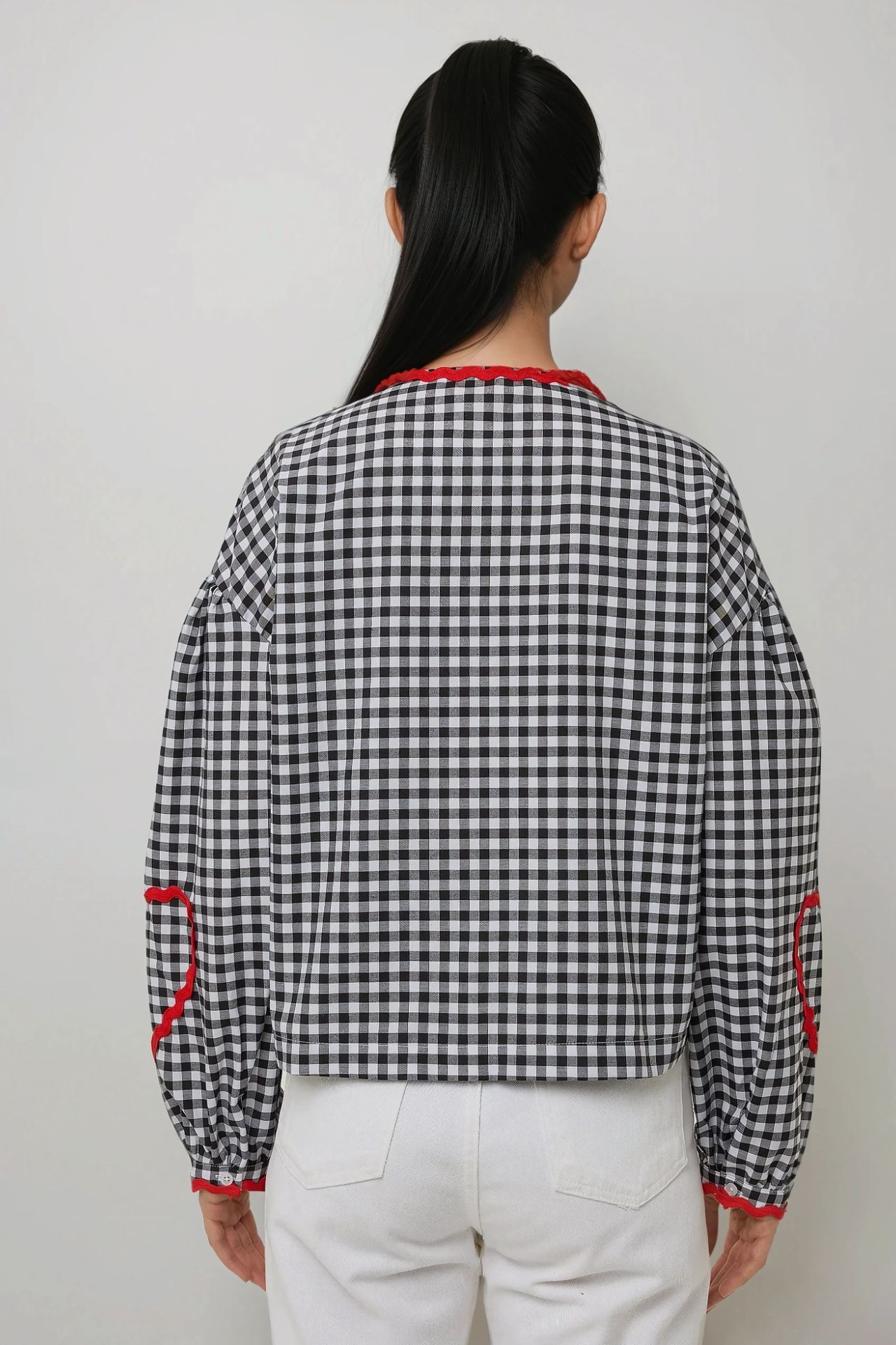 Long Sleeve Plaid Shirt Collar Top with Heart Detail