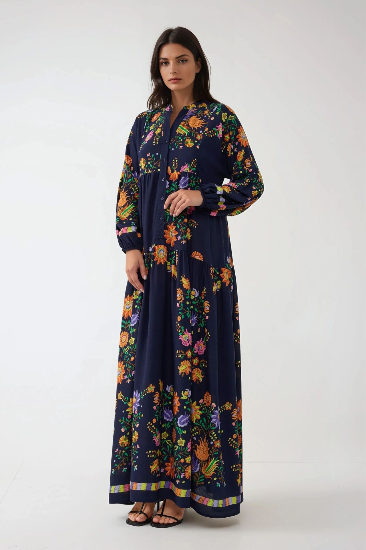 Printed V-Neck Maxi Dress with Button Detail