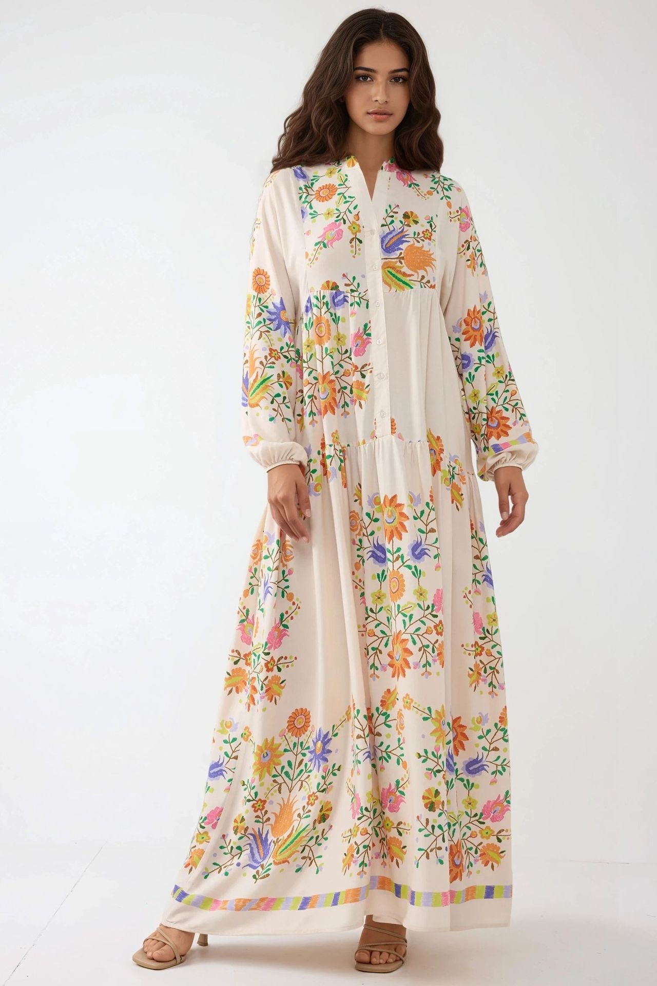 Printed V-Neck Maxi Dress with Button Detail