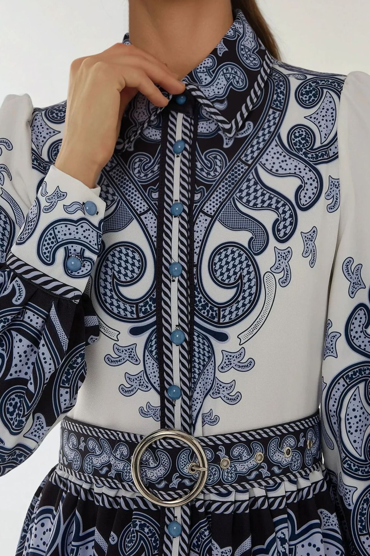 Printed Long Sleeve Maxi Dress with Belt