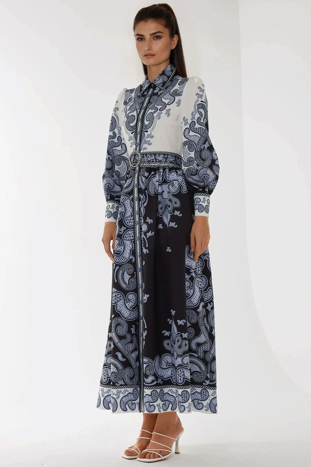 Printed Long Sleeve Maxi Dress with Belt