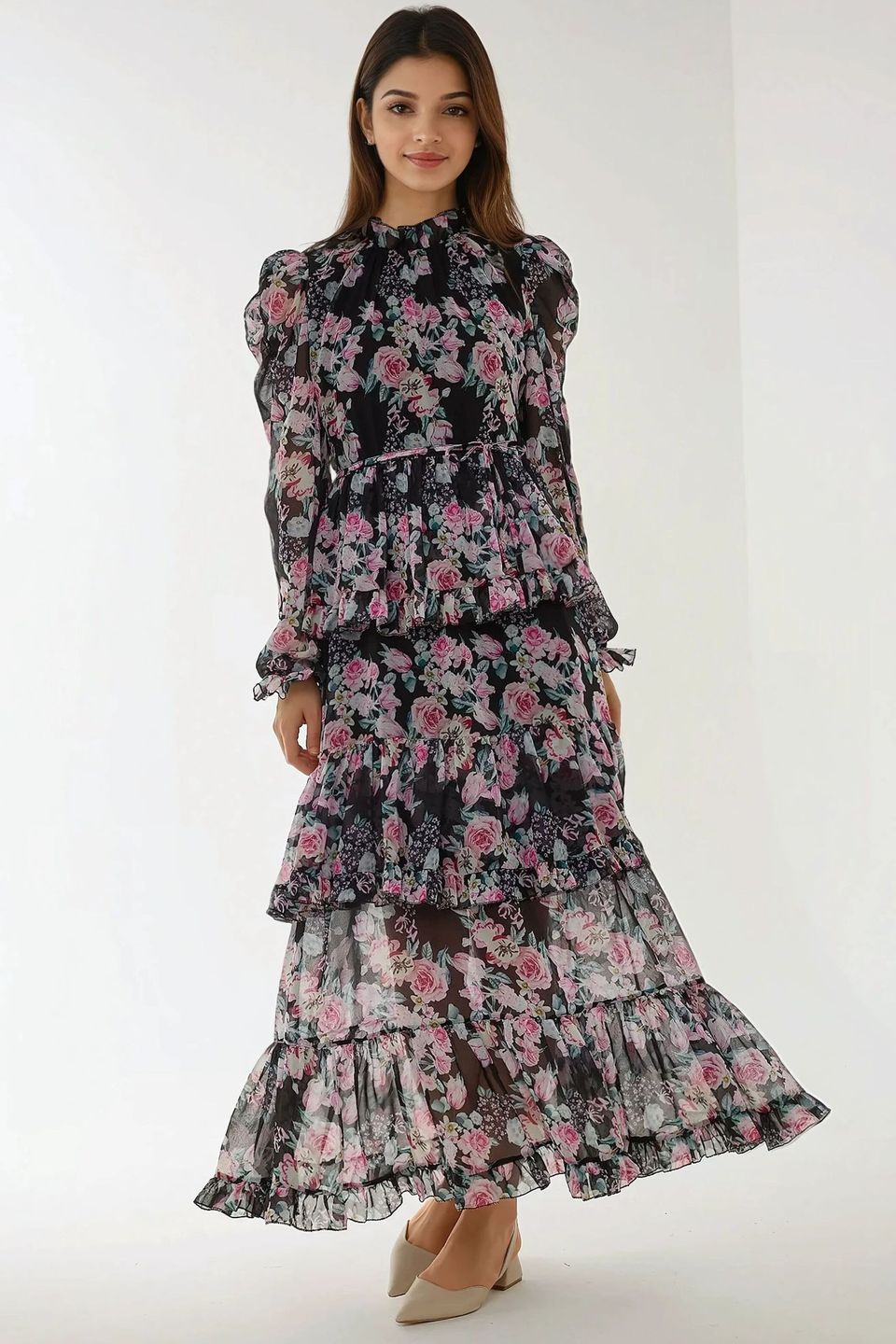 Crew Neck Floral Maxi Dress with Ruffles