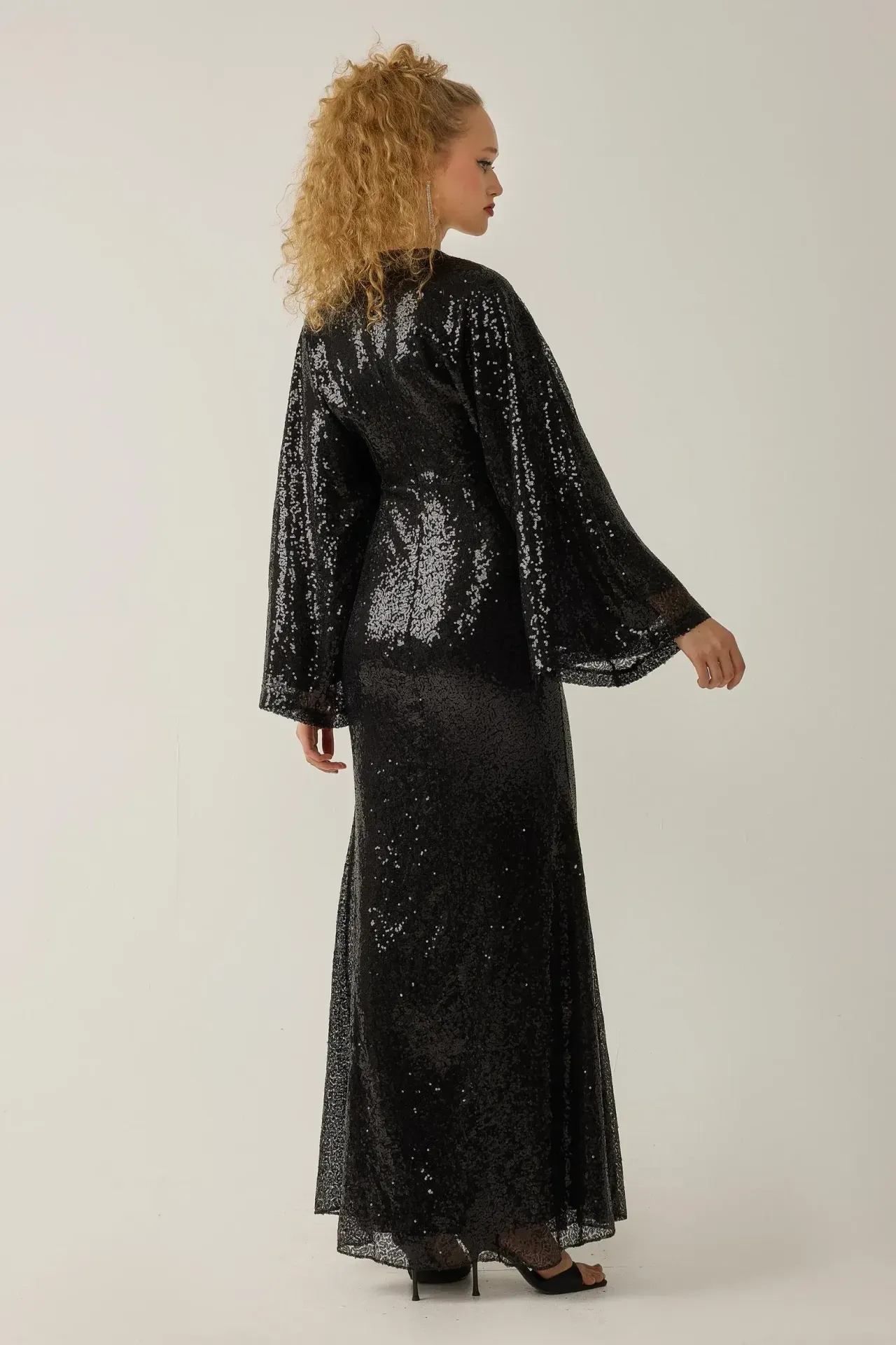 Sequin V-Neck Angel Sleeve Maxi Dress