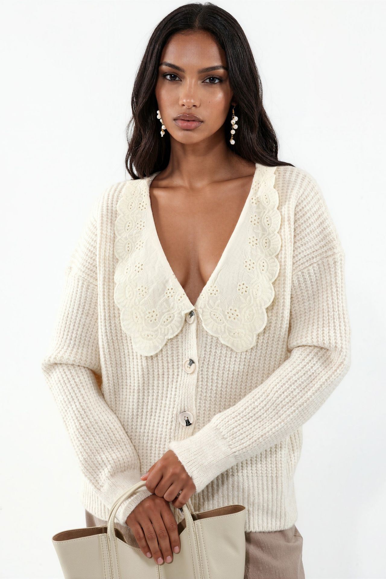 Buttoned Knit Cardigan with Collar Detail 1