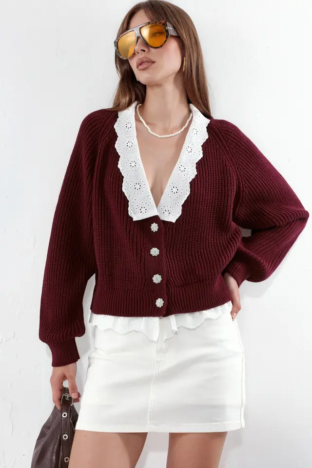 Buttoned Knit Cardigan with Collar Detail