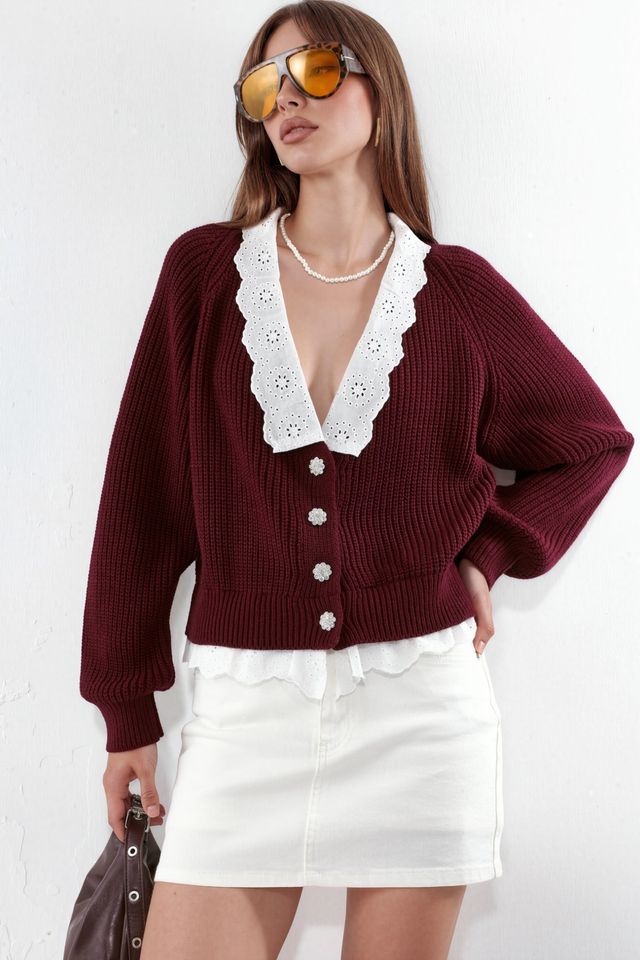 Buttoned Knit Cardigan with Collar Detail