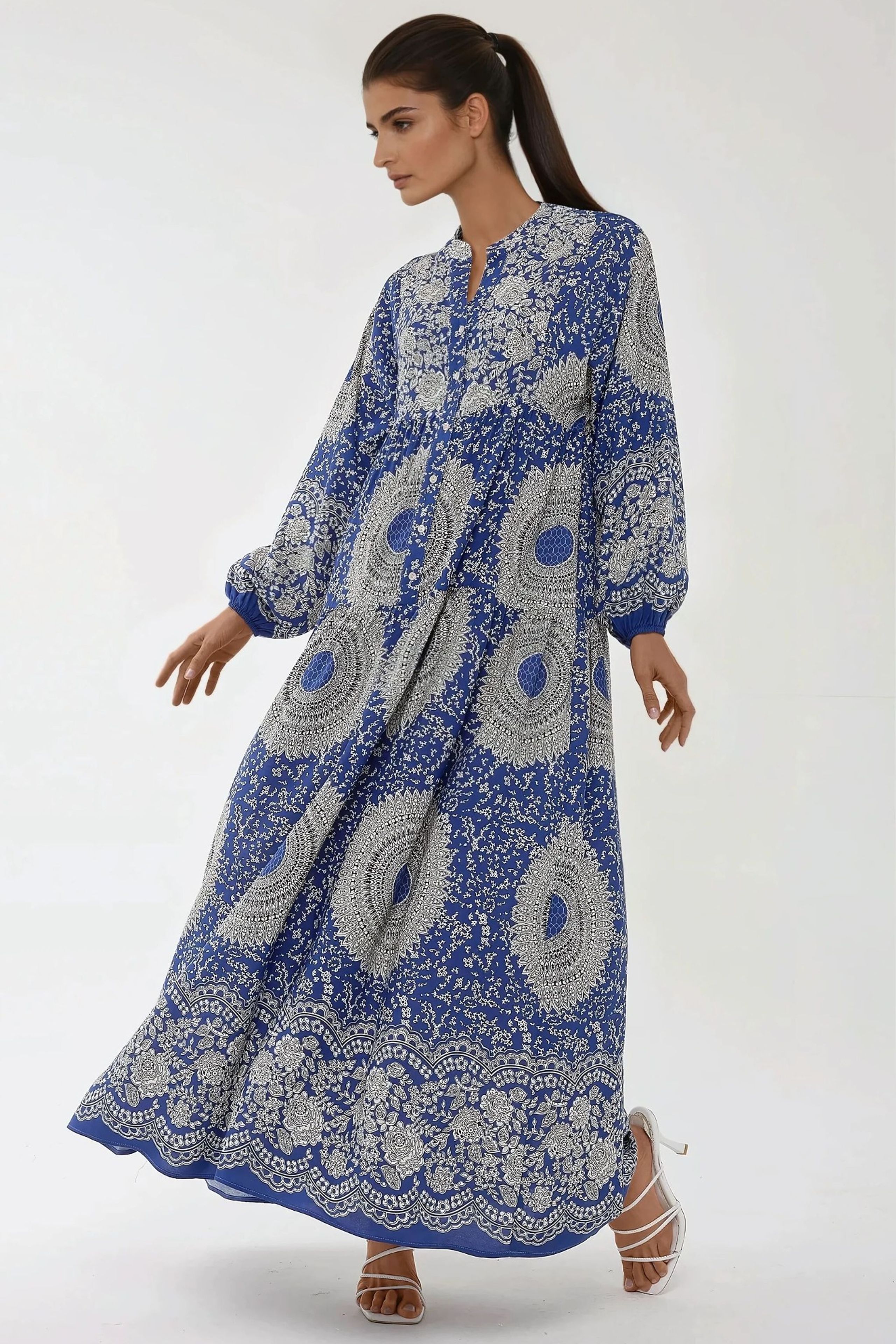 maxi dress viscose Stefanel Italy Maxi Dress: 70s Art Deco Fan Print Viscose Twill V-neck  Summer Dress