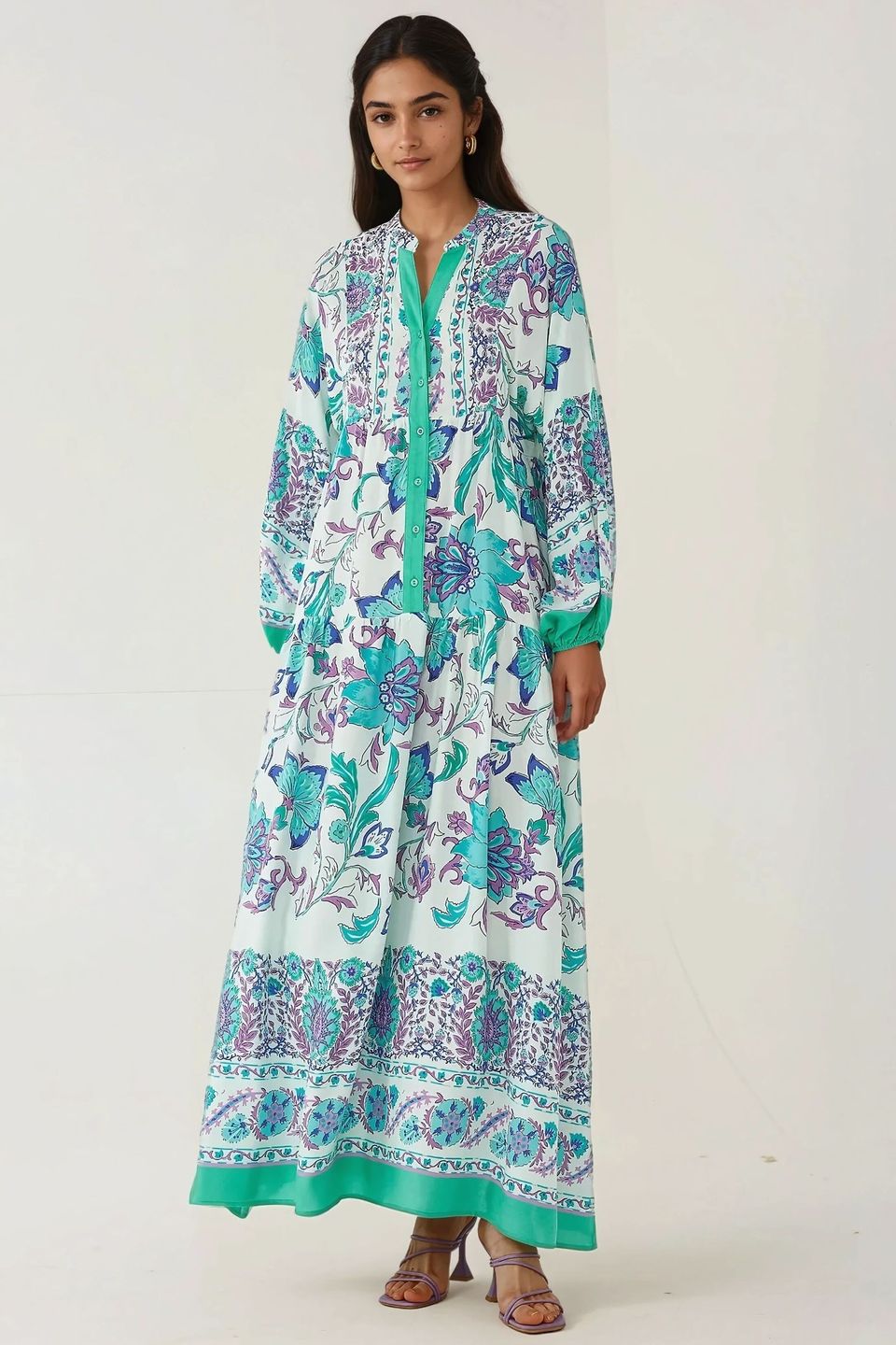 Printed Long Sleeve Viscose Maxi Dress 