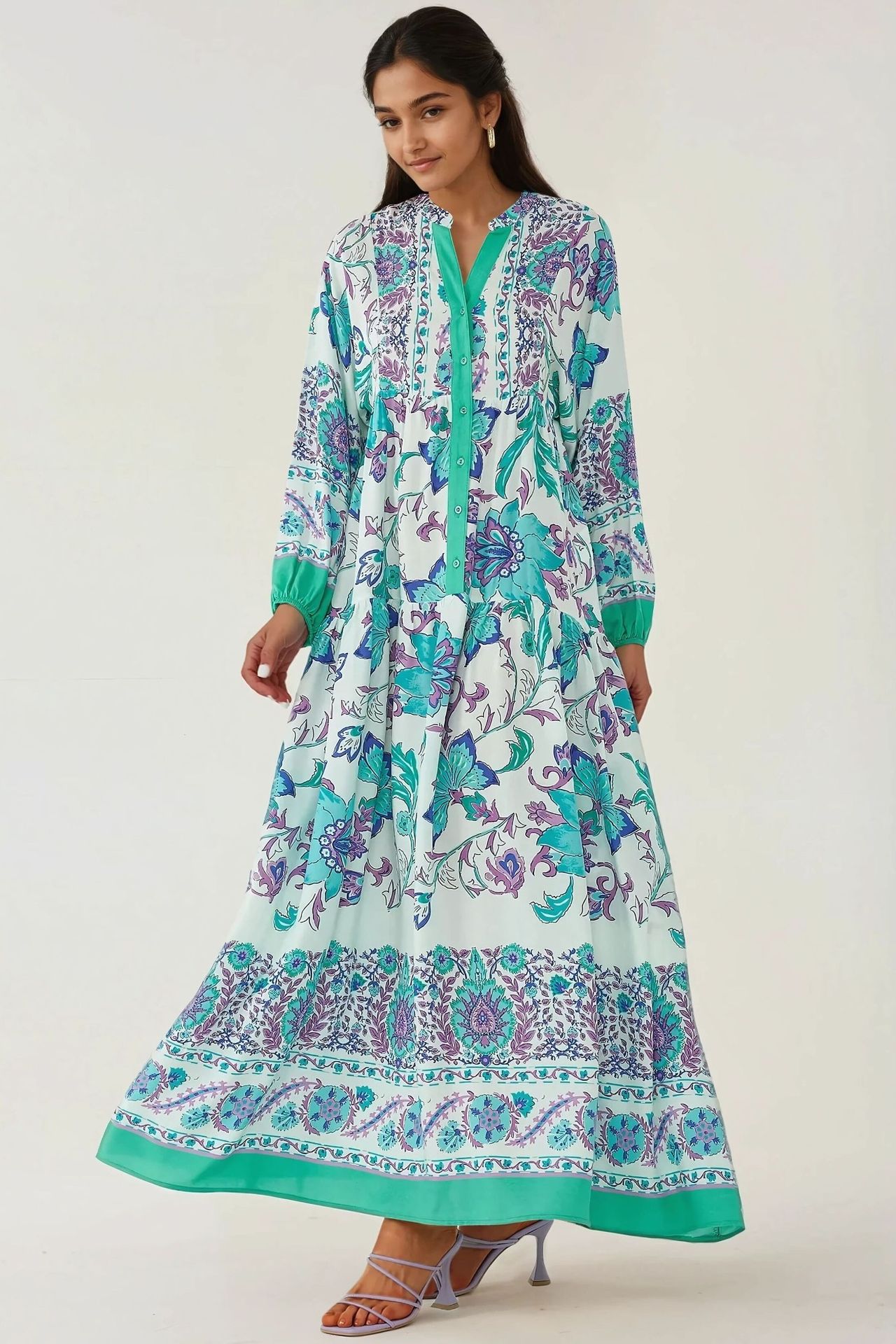 Printed Long Sleeve Viscose Maxi Dress 