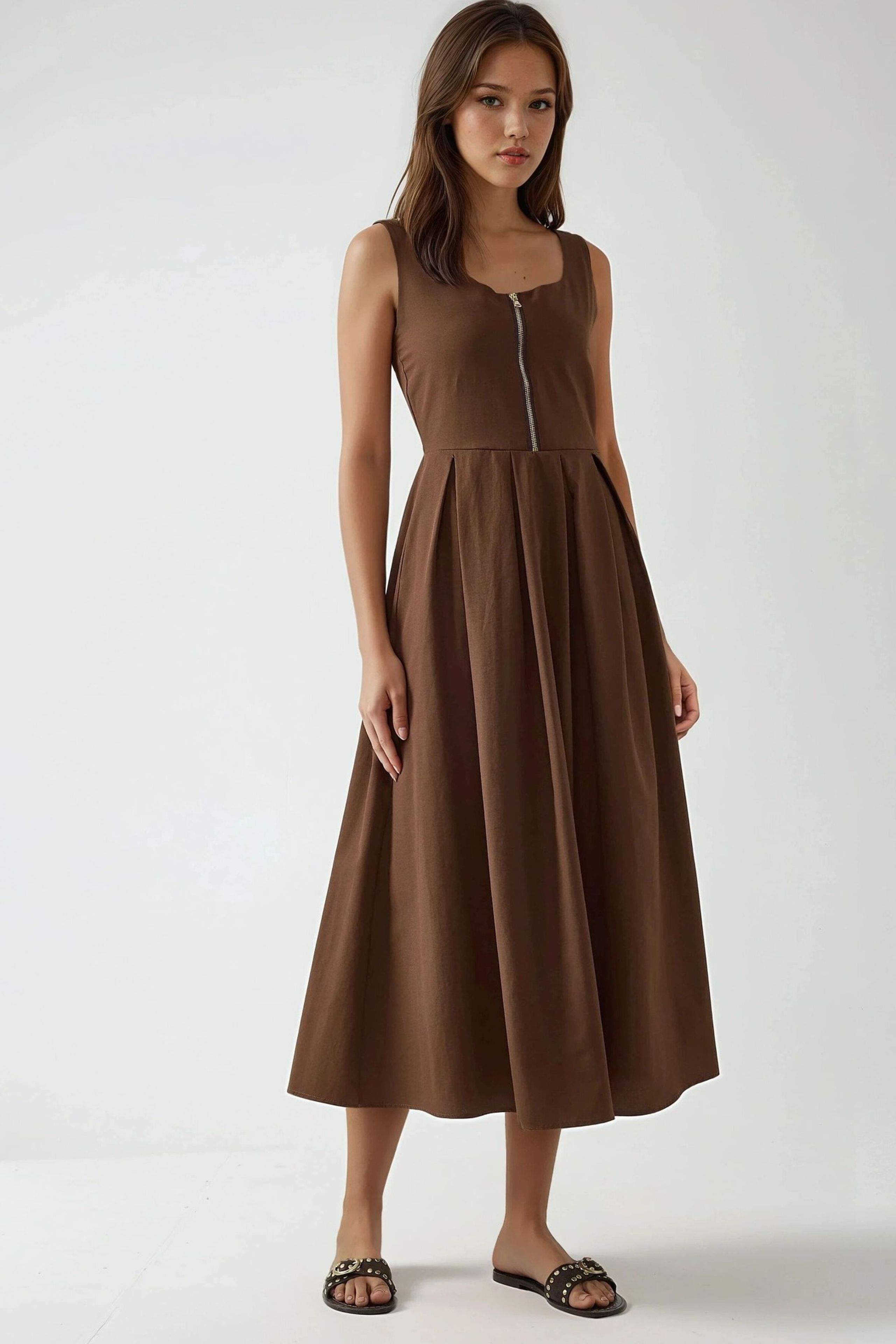 Brown Maxi A-Form Dress with Crew Neck and Zipper Women
