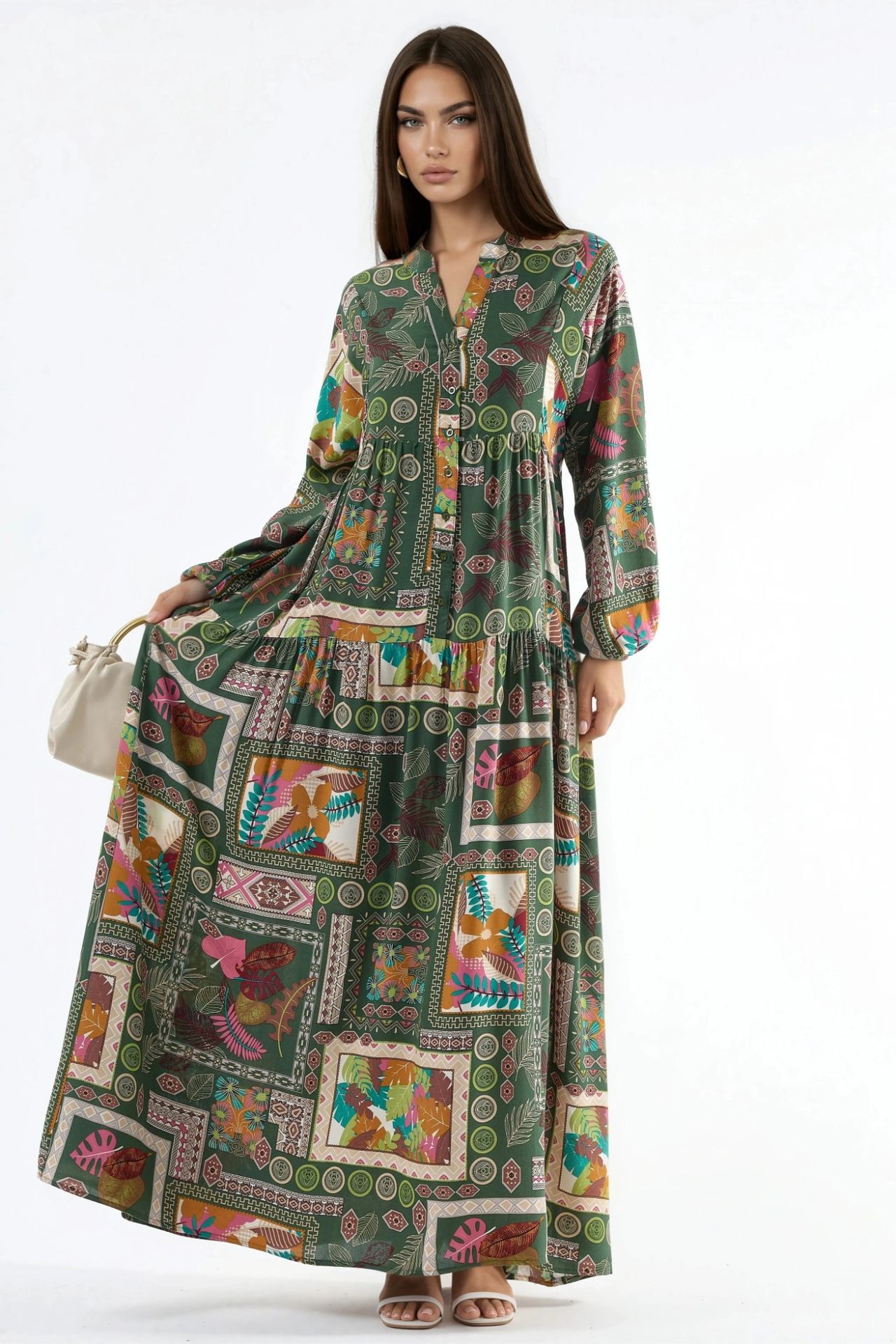 V-Neck Patterned Maxi Dress 6