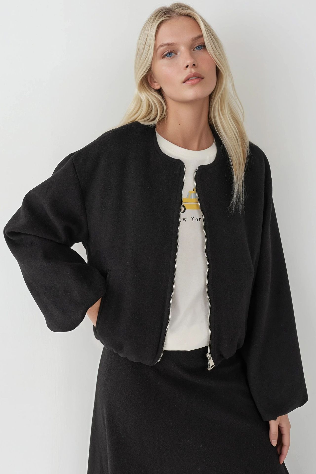 Full-Zip Oversized Textured Bomber Jacket 1