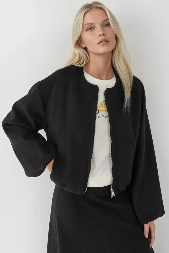 Full-Zip Oversized Textured Bomber Jacket