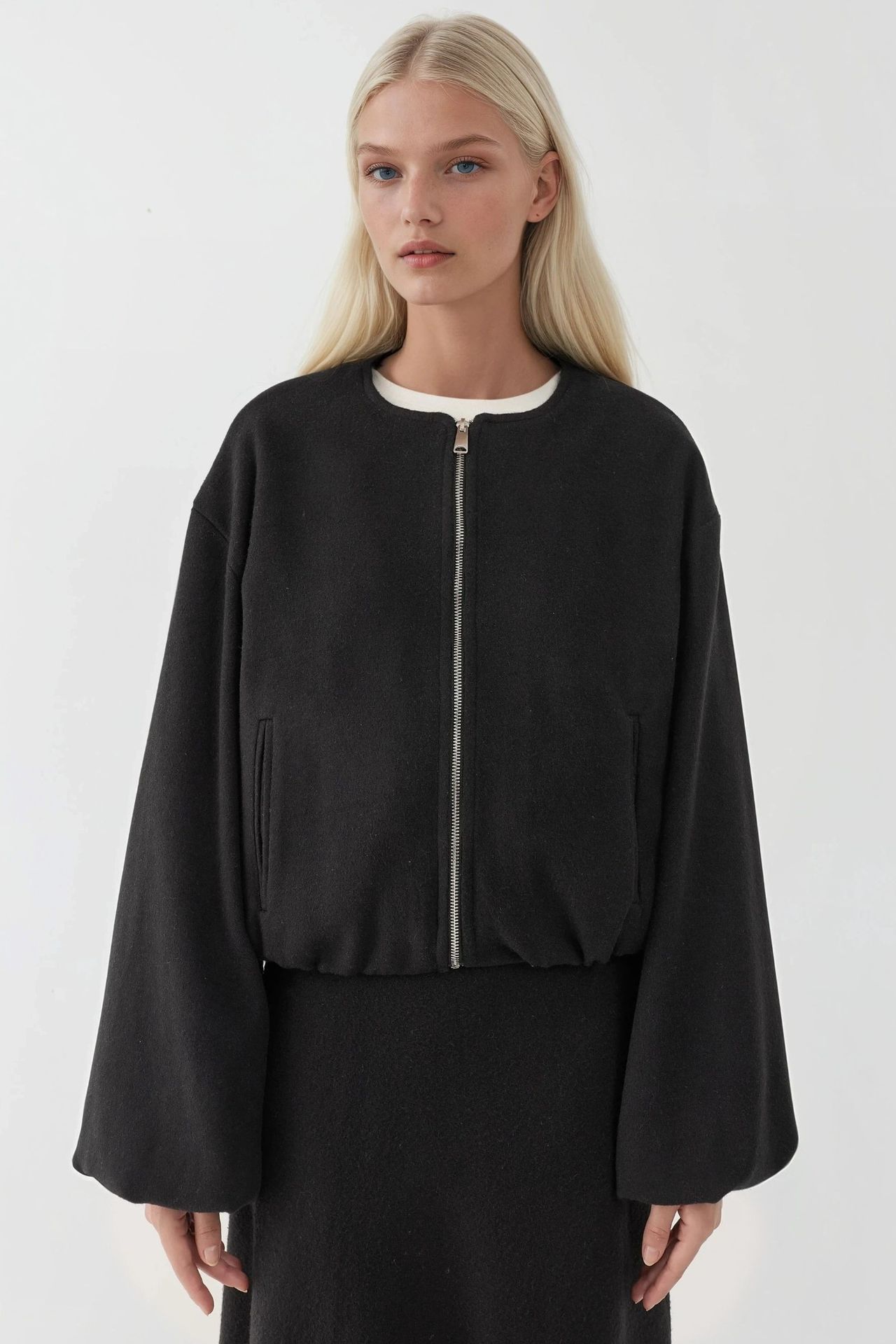 Full-Zip Oversized Textured Bomber Jacket 6