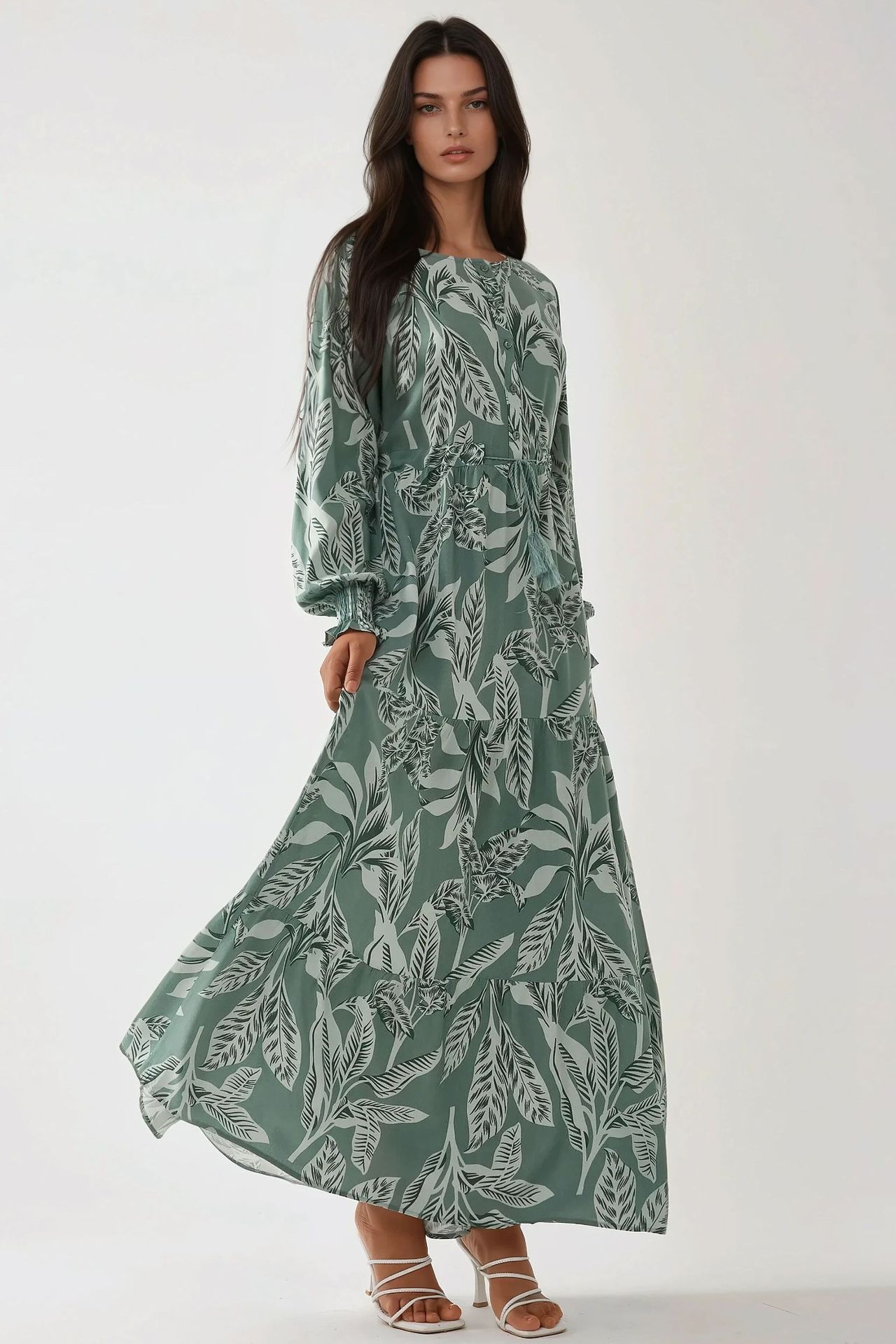 Printed Long Sleeve Viscose Maxi Dress 