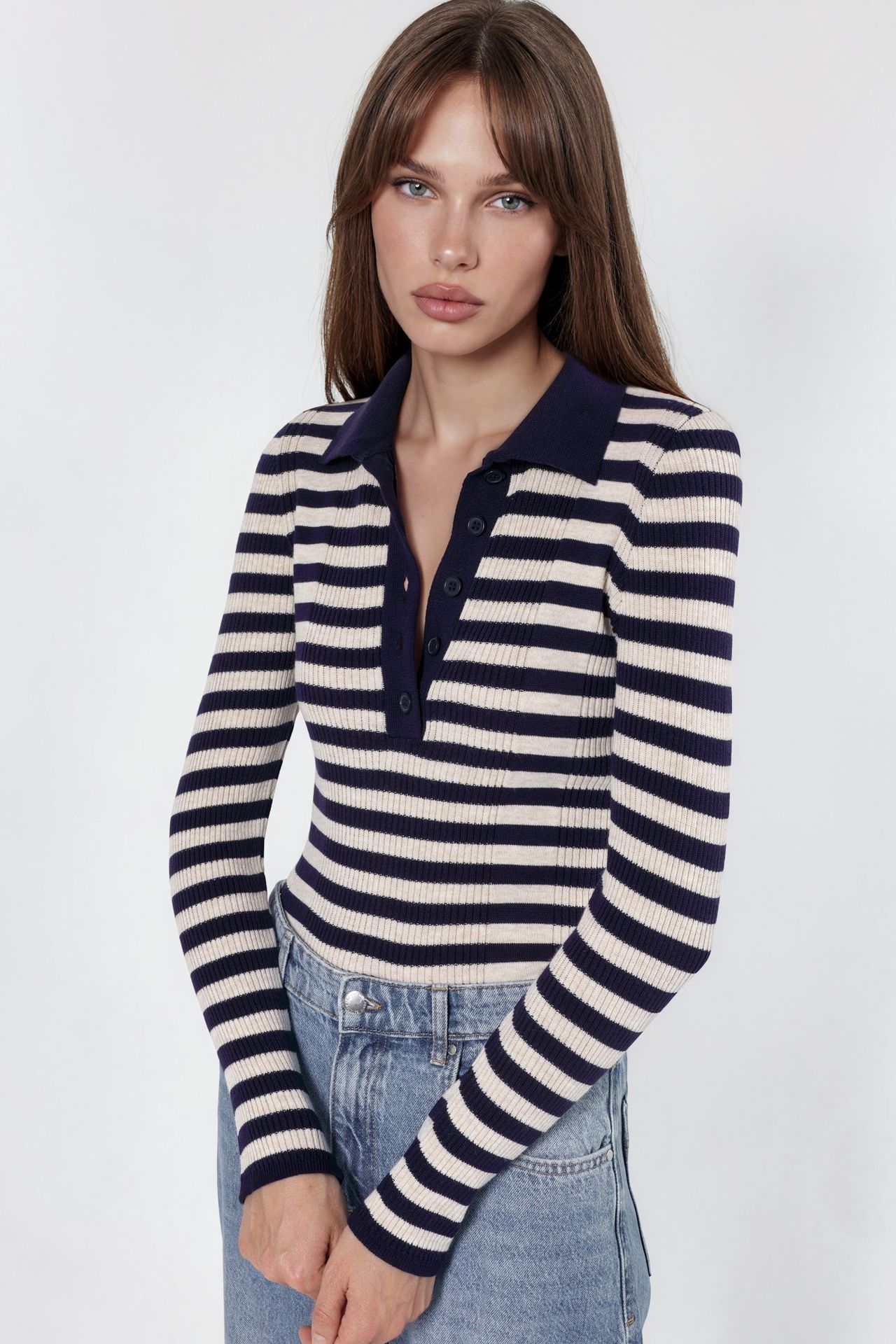 Striped Ribbed Button Polo Sweater 5