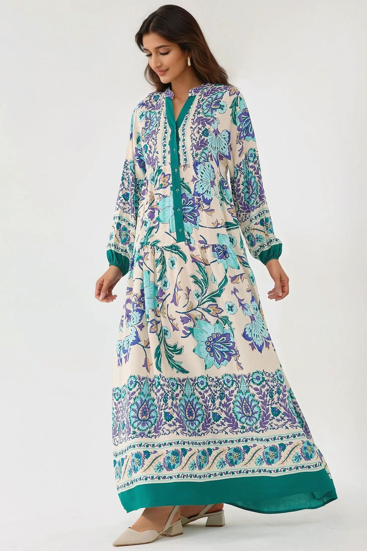 Printed Long Sleeve Viscose Maxi Dress 