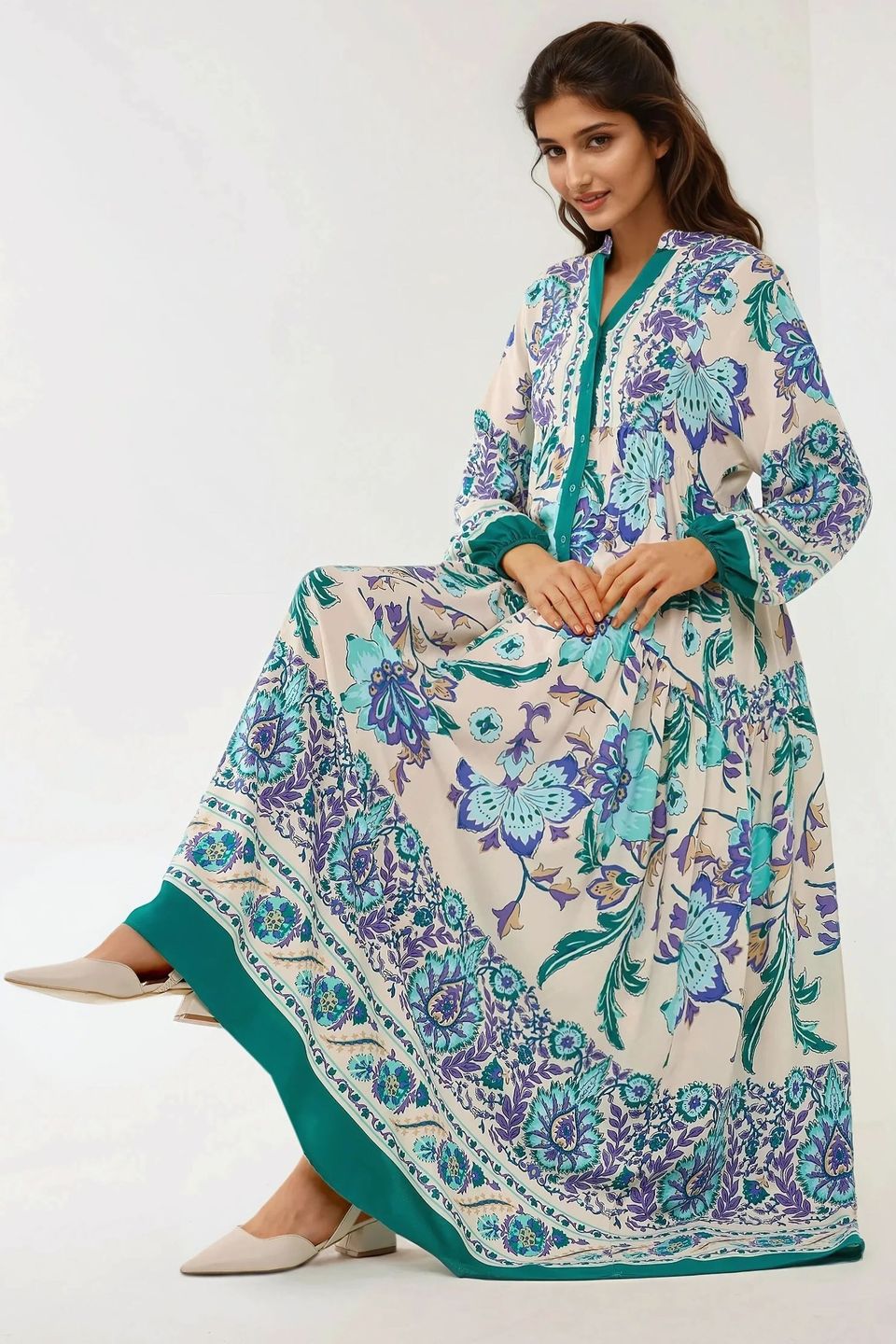 Printed Long Sleeve Viscose Maxi Dress 