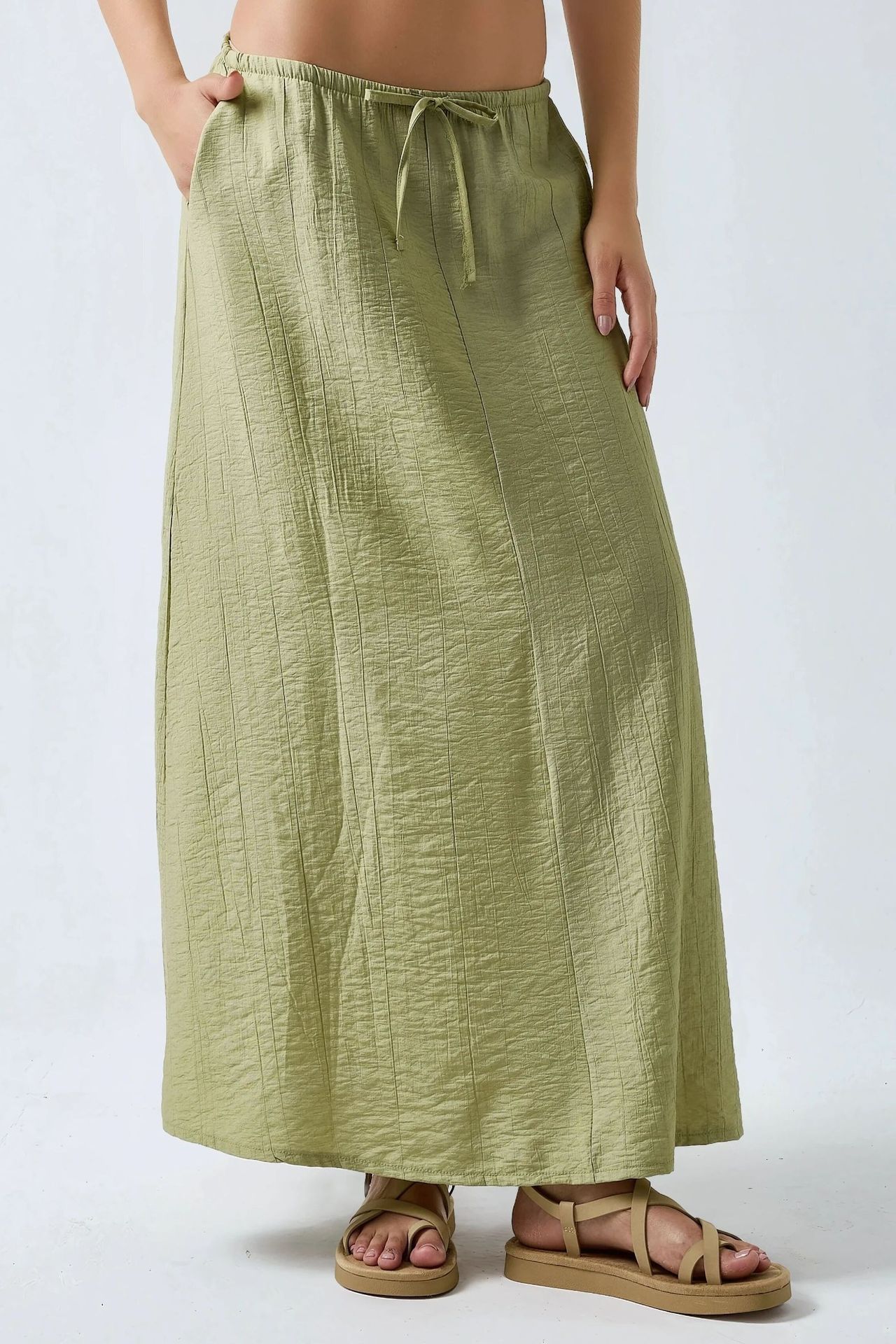 Drawstring Waist A-Line Maxi Skirt 1
