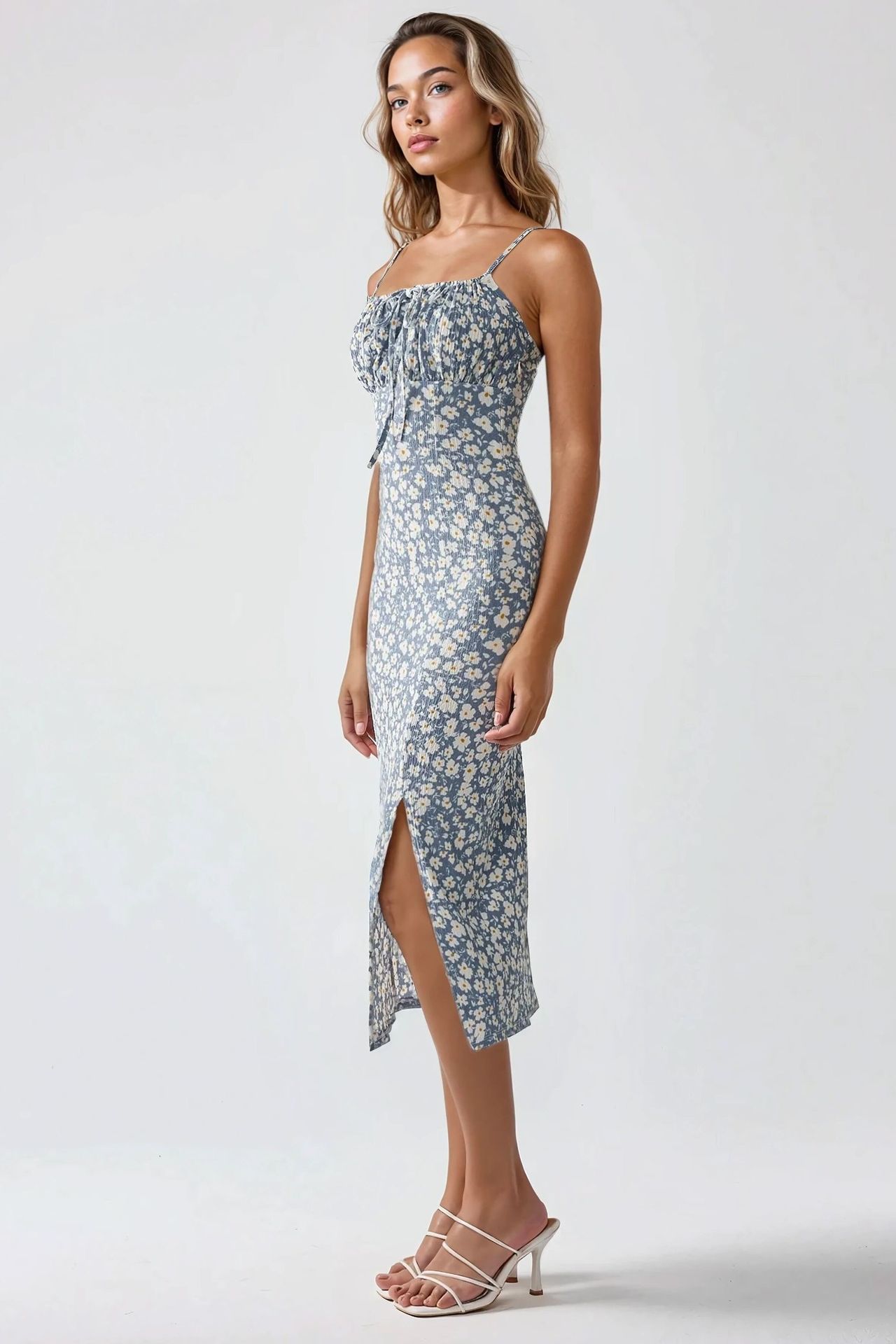 Allover Flower Print Bodycon Midi Dress with Slit
