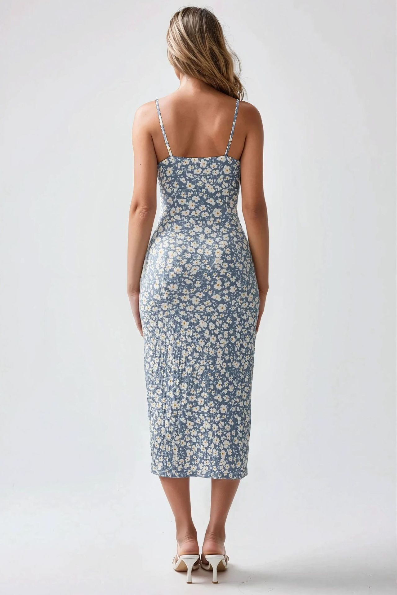 Allover Flower Print Bodycon Midi Dress with Slit