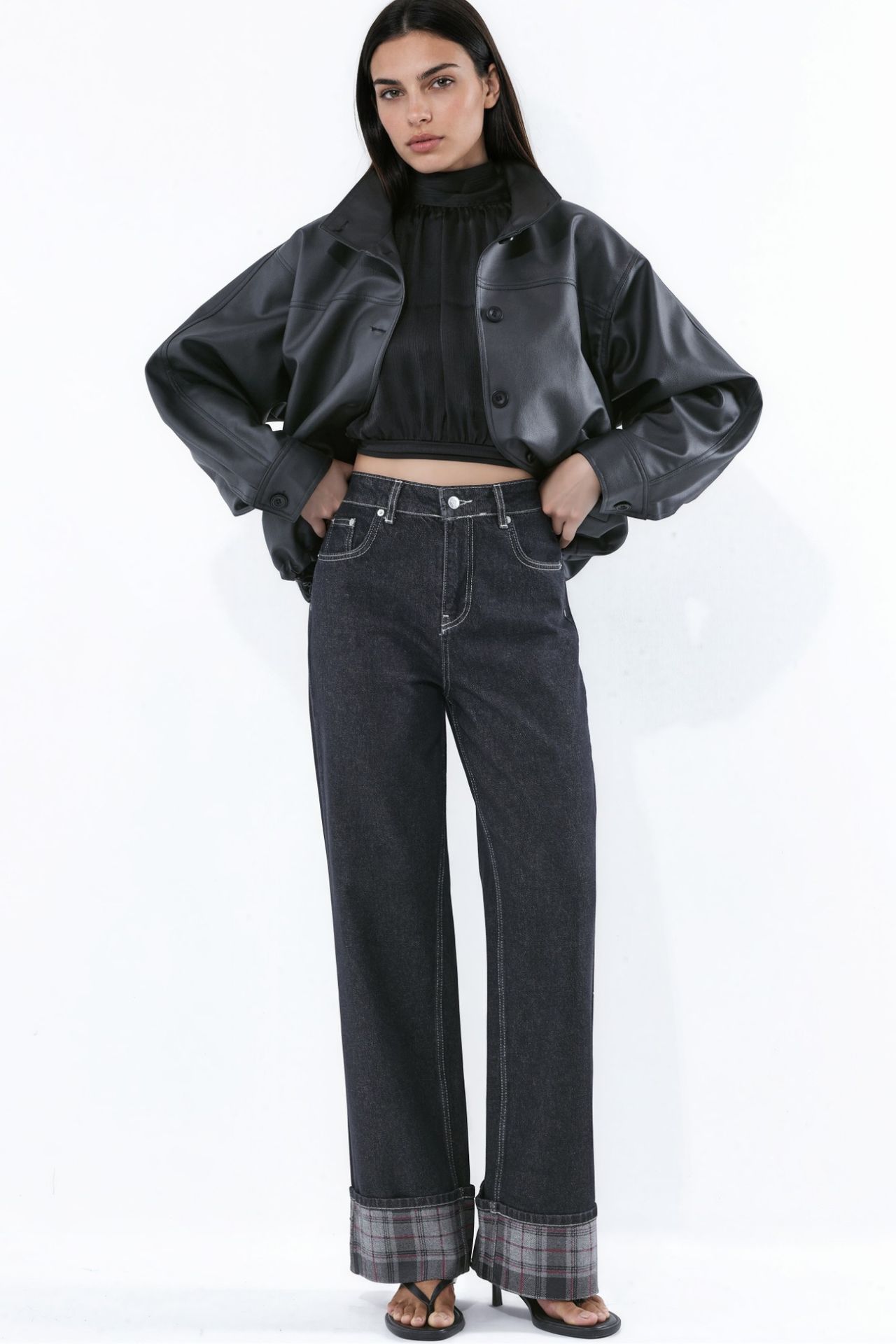 High Waist Wide Leg Jeans with Plaid Hem Detail